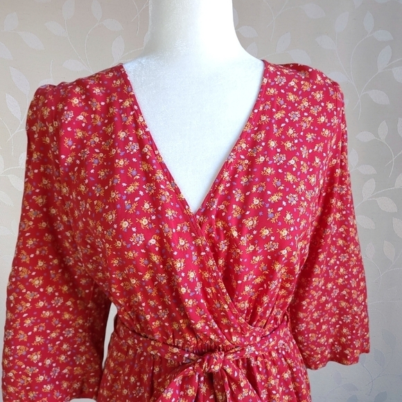 Madewell Floral Romper Shorts Retro V-Neck Tie Waist French Cottage Twee Red 4 - Picture 3 of 16